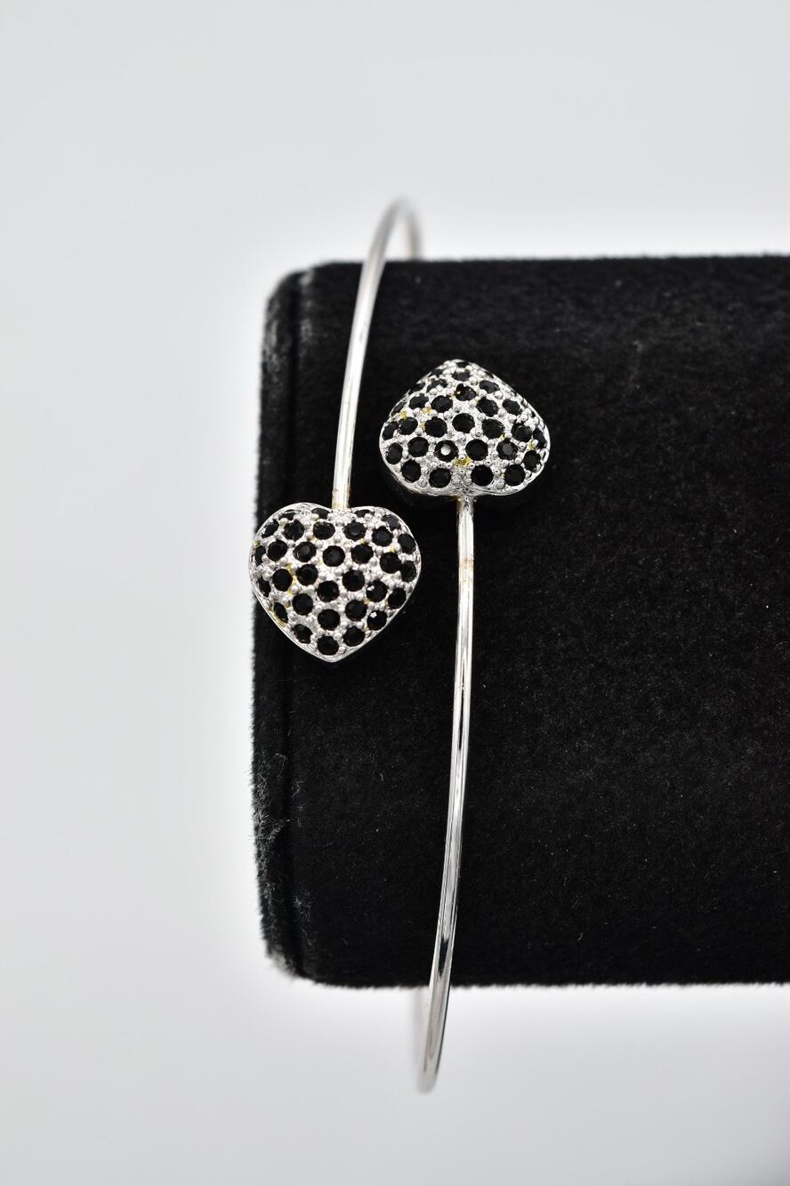 Vintage NOS Black Rhinestone Crystal Double Heart Cuff Bracelet Silver 80s NS7